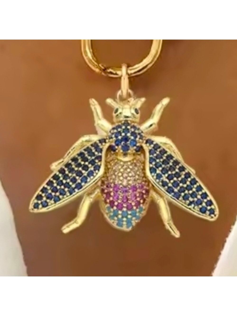 Pearl Necklace with Gold and Multicolor Bee Pendant - Picture 2 of 2